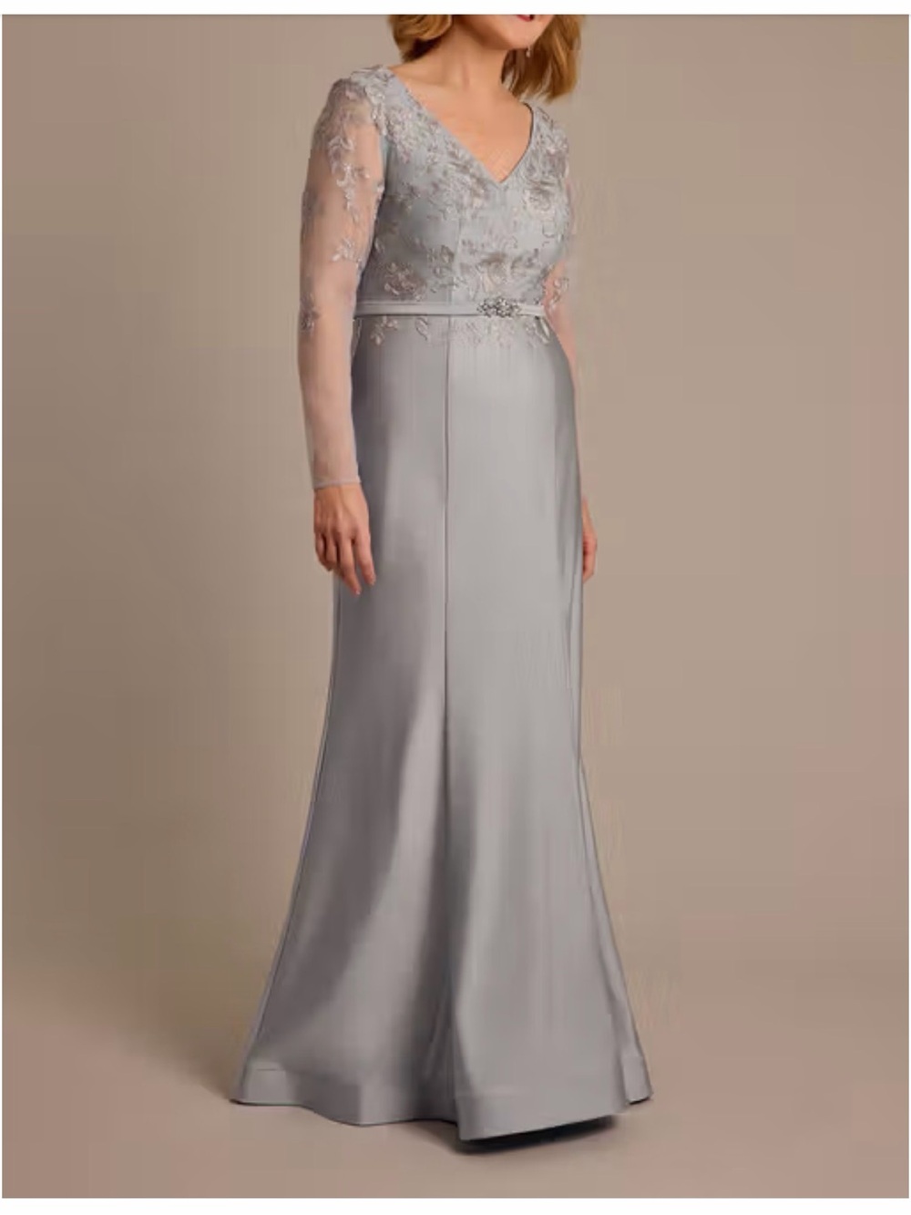 Oleg Cassini Silver V-Neck Long Sleeve Evening Dress